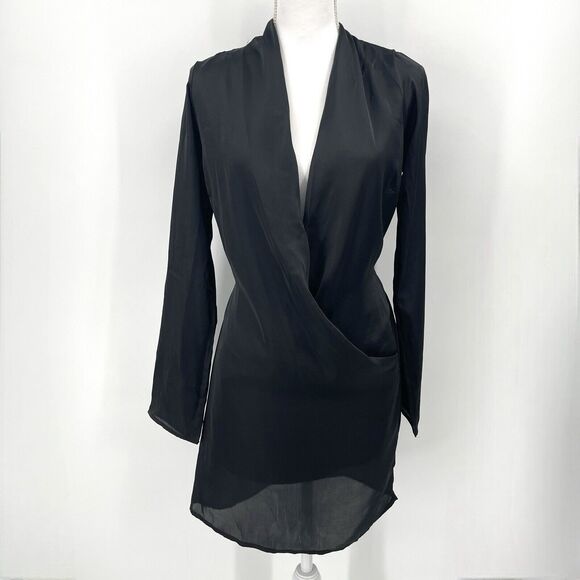 Naked Wardrobe Womens Dress Sz Small Black The Plunge Faux Wrap Long Sleeve Mini - Picture 2 of 12